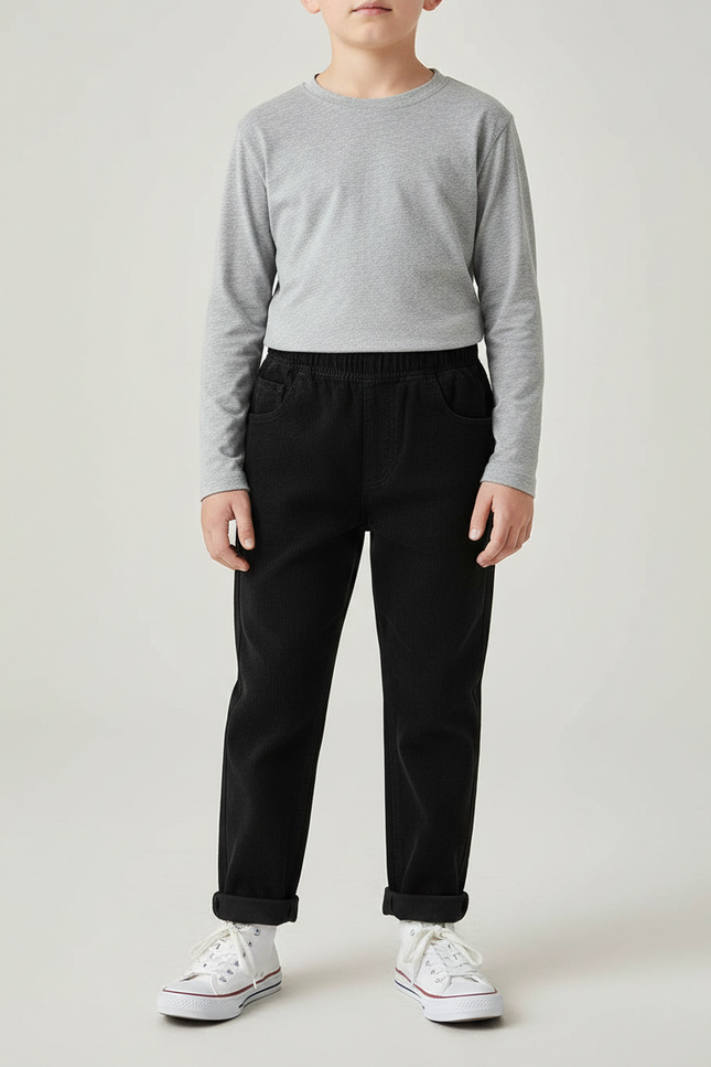 Pantalon Noir Côtelé Décontracté Ample Coton Garçon - Cordé