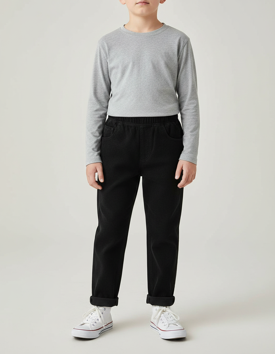 Pantalon Noir Côtelé Décontracté Ample Coton Garçon - Cordé