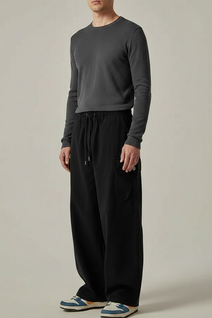 Pantalon Noir Cargo Ample Décontracté Homme Coton - Molleton