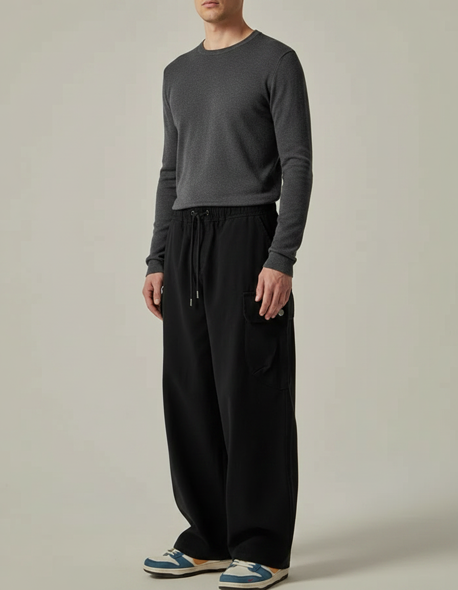 Pantalon Noir Cargo Ample Décontracté Homme Coton - Molleton
