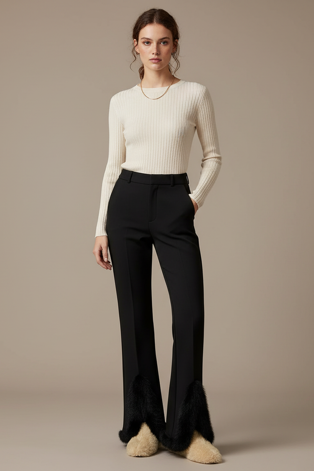 Pantalon Noir Évasé Fendu Fourrure Élégant Femme - Gabardine
