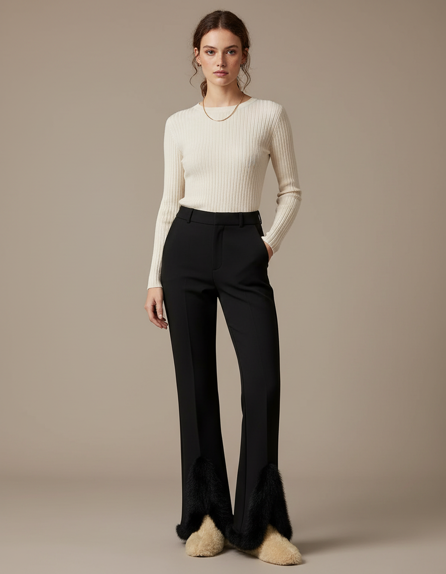 Pantalon Noir Évasé Fendu Fourrure Élégant Femme - Gabardine