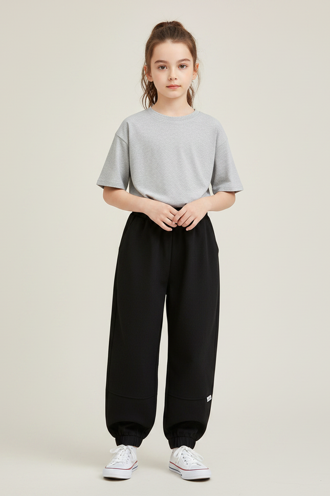 Pantalon Noir Côtelé Ample Jogging Enfant - Cordé