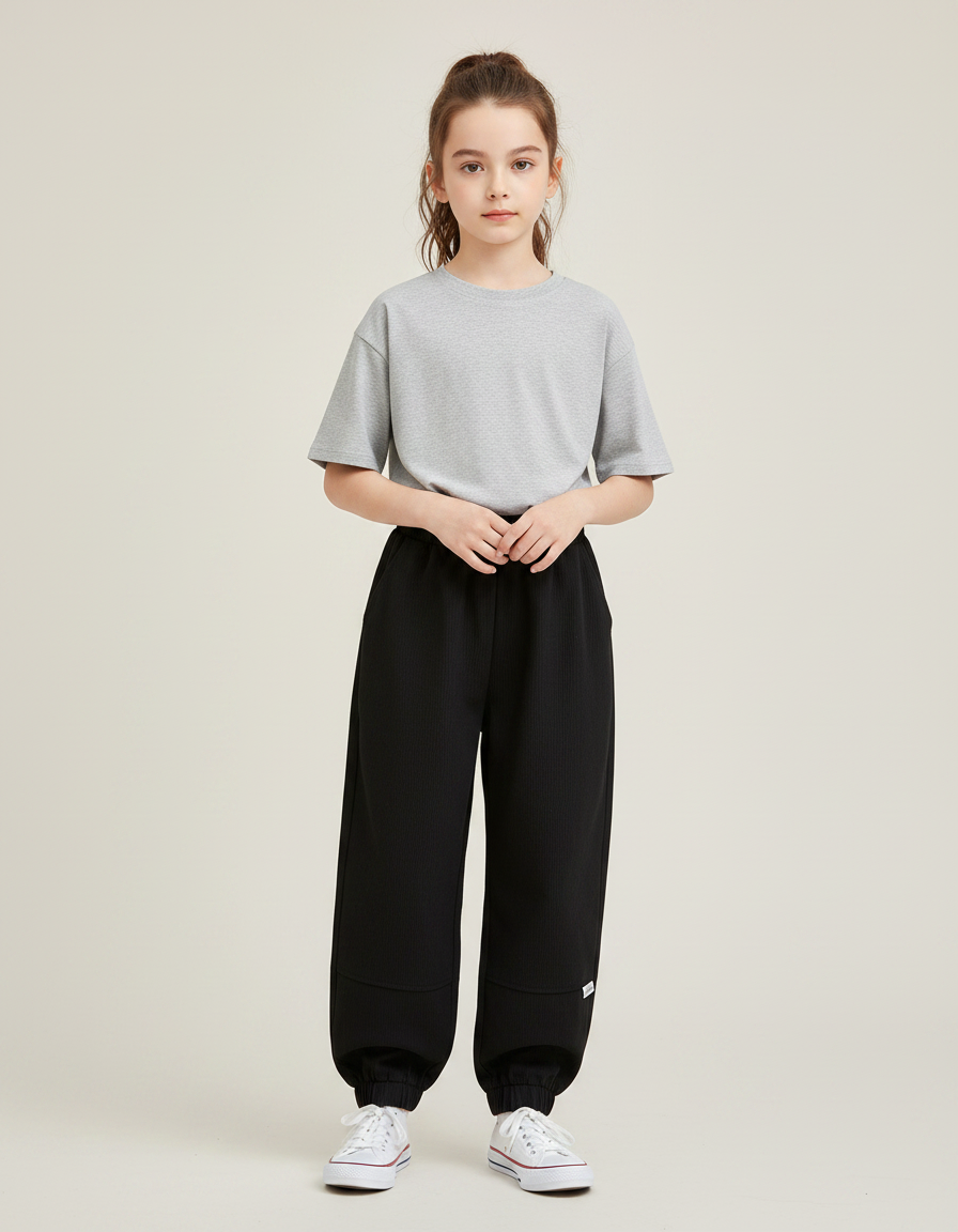 Pantalon Noir Côtelé Ample Jogging Enfant - Cordé