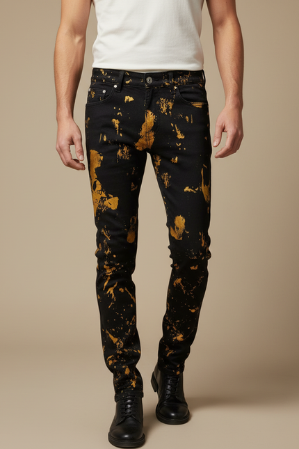 Pantalon Noir Slim Graffiti Doré Homme Tendance - Jean