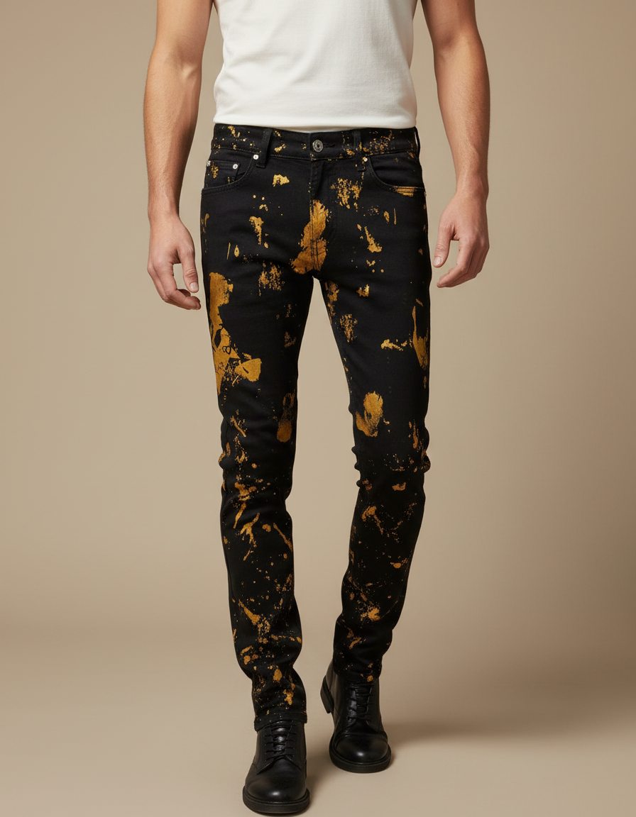 Pantalon Noir Slim Graffiti Doré Homme Tendance - Jean