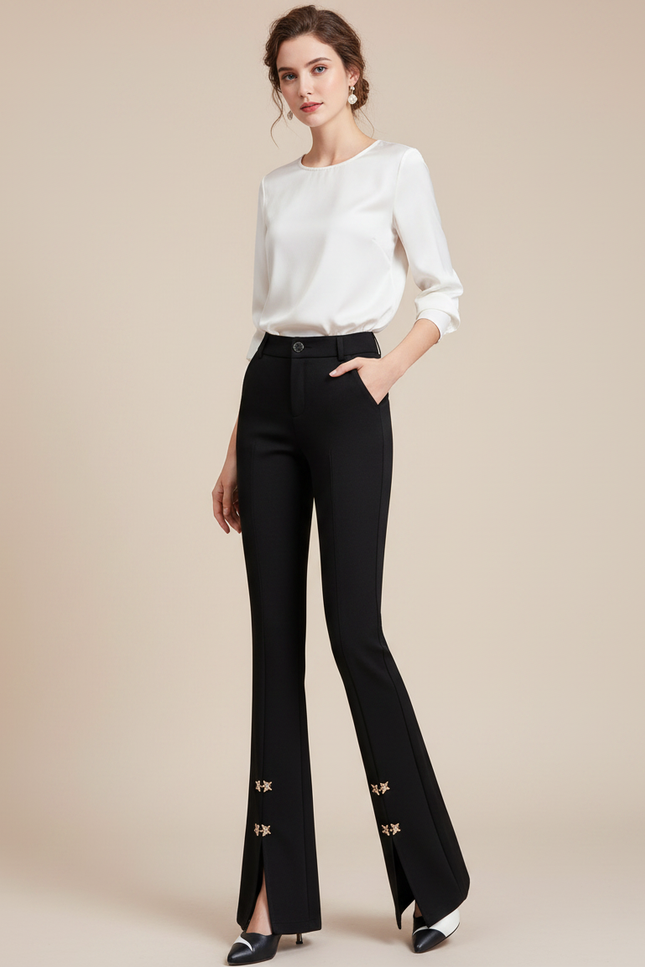 Pantalon Noir Évasé Fendu Étoiles Élégant Femme - Polyester