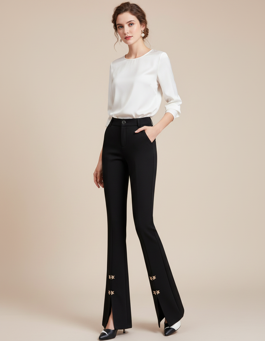 Pantalon Noir Évasé Fendu Étoiles Élégant Femme - Polyester