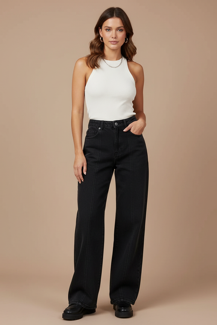Pantalon Noir Jeans Ample Taille Haute Femme