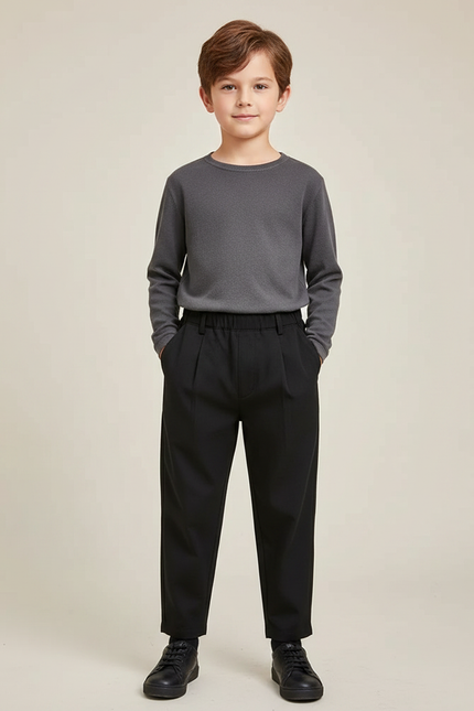 Pantalon Noir Plissé Ample Garçon Décontracté - Polyester