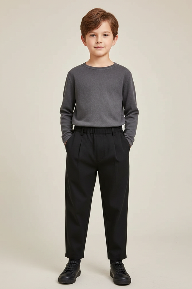 Pantalon Noir Plissé Ample Garçon Décontracté - Polyester