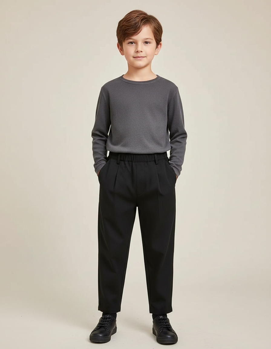 Pantalon Noir Plissé Ample Garçon Décontracté - Polyester