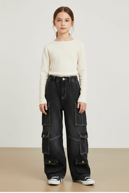 Pantalon Noir Cargo Ample Denim Multi-poches - Jean
