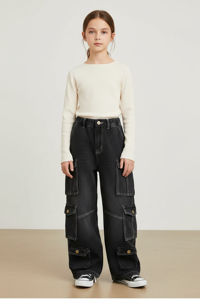 Pantalon Noir Cargo Ample Denim Multi-poches - Jean