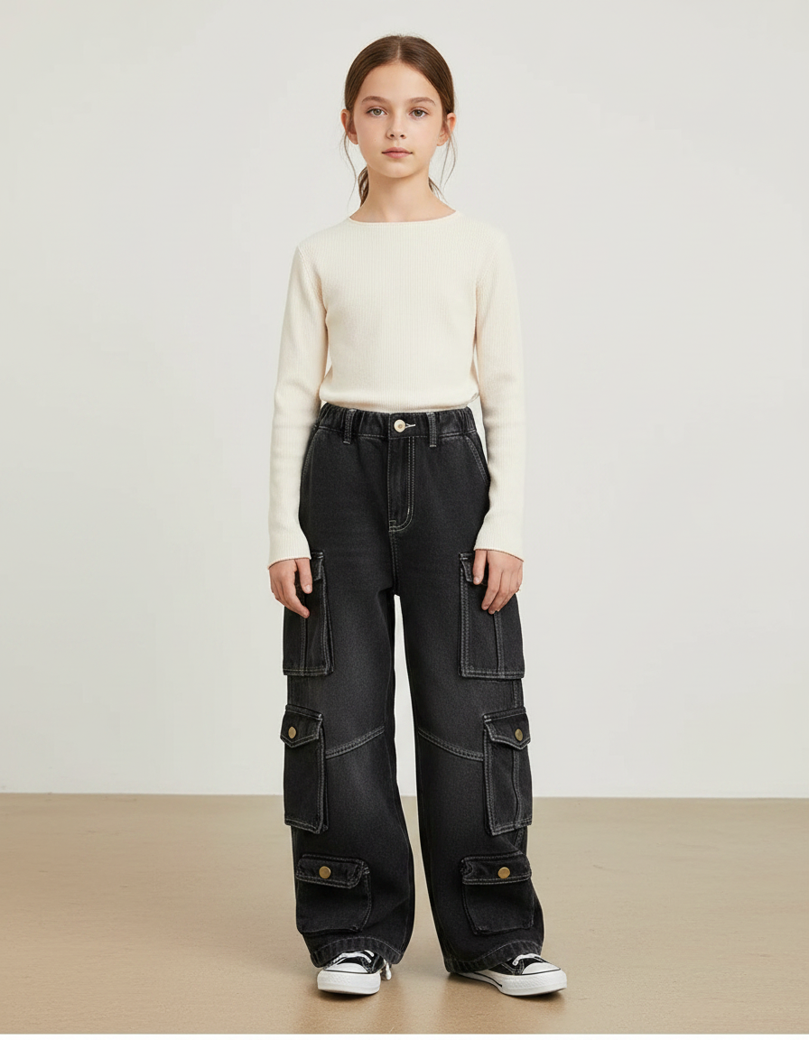 Pantalon Noir Cargo Ample Denim Multi-poches - Jean