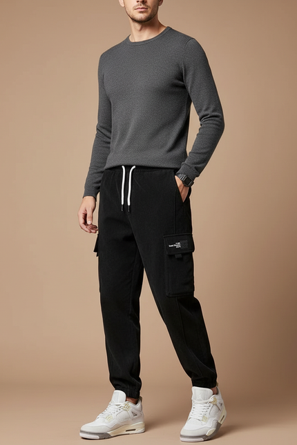 Pantalon Noir Cargo Côtelé Décontracté Homme - Cordé