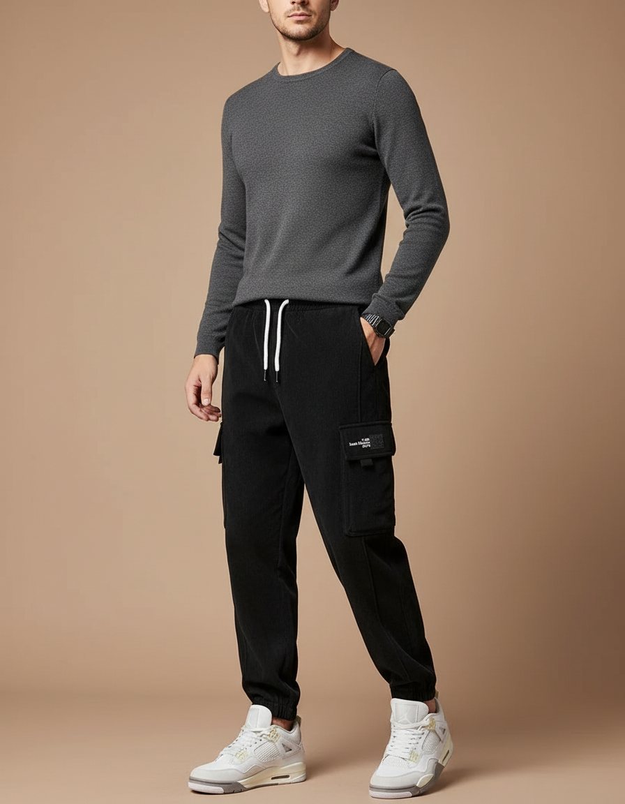 Pantalon Noir Cargo Côtelé Décontracté Homme - Cordé