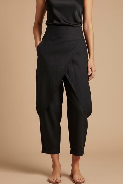 Pantalon Noir Fluide Asymétrique Taille Haute - Lin