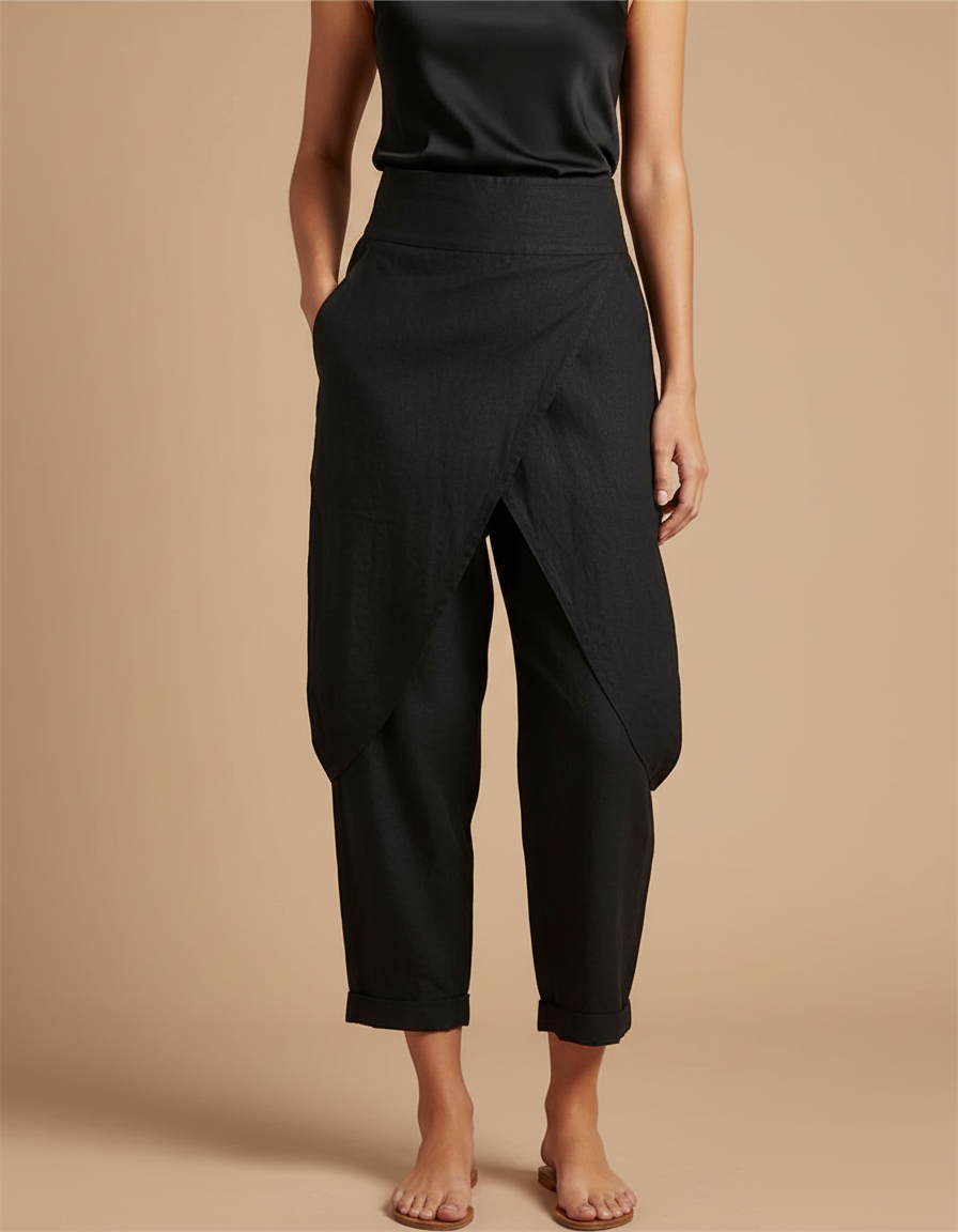 Pantalon Noir Fluide Asymétrique Taille Haute - Lin