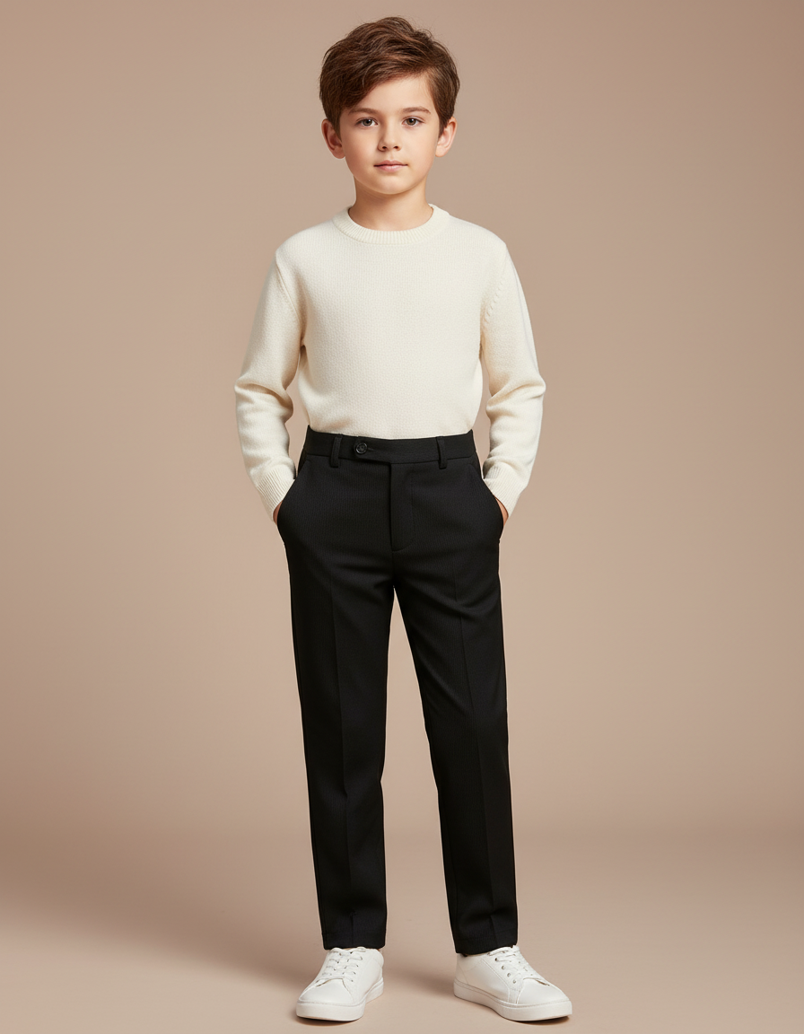 Pantalon Noir Droit Enfant Élégant Formel Rayé - Gabardine