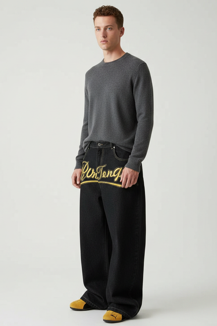 Pantalon Noir Brodé Ample Décontracté Homme - Jean