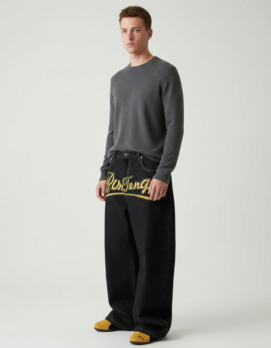 Pantalon Noir Brodé Ample Décontracté Homme - Jean