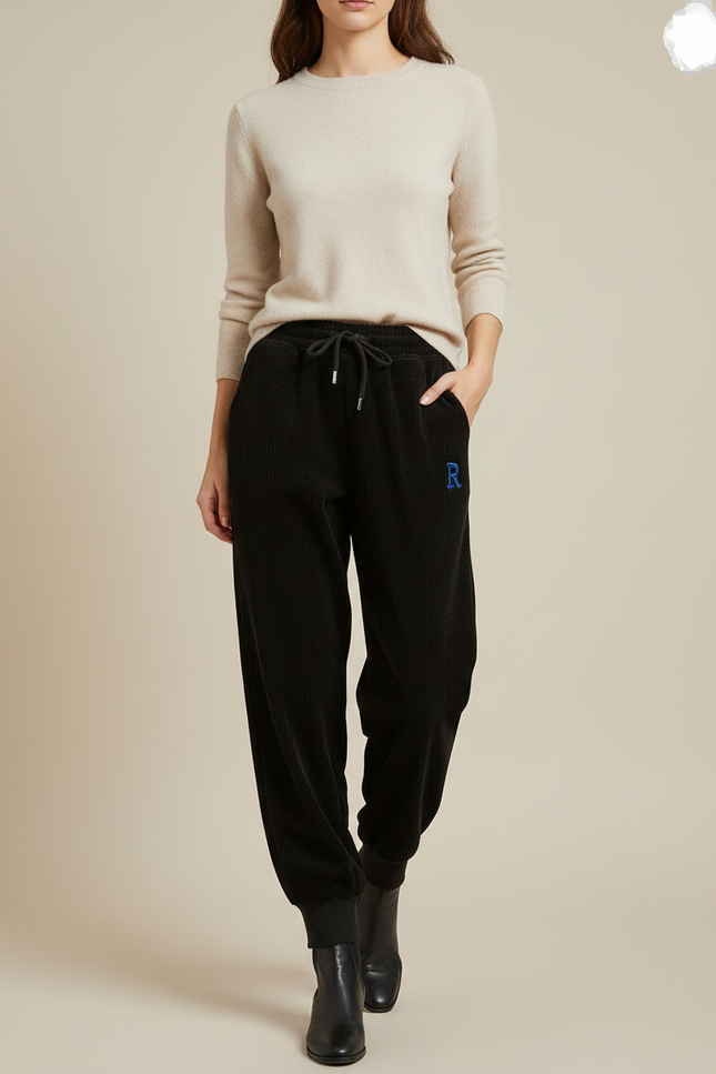 Pantalon Noir Côtelé Ample Brodé Cordon Femme - Cordé