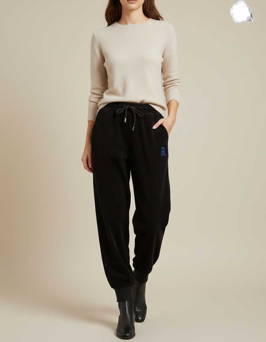 Pantalon Noir Côtelé Ample Brodé Cordon Femme - Cordé