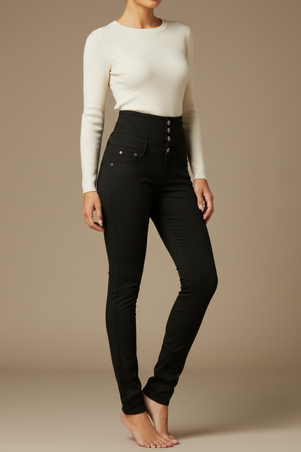 Pantalon Noir Femme Slim Taille Haute Boutons - Maille