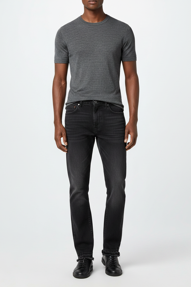 Pantalon Noir Délavé Droit Effiloché Décontracté Homme - Jean