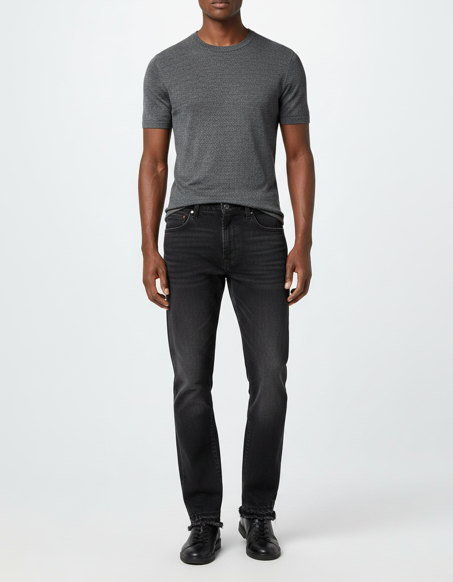 Pantalon Noir Délavé Droit Effiloché Décontracté Homme - Jean