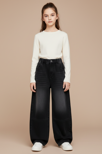 Pantalon Noir Denim Ample Fille Hiver Décontracté - Jean