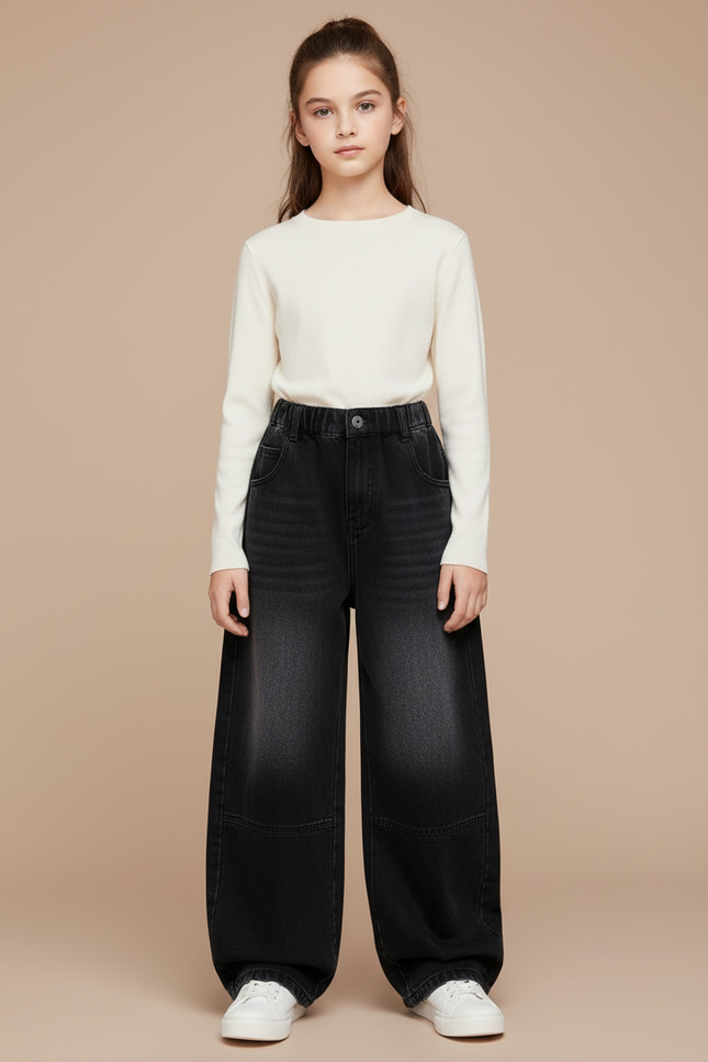 Pantalon Noir Denim Ample Fille Hiver Décontracté - Jean