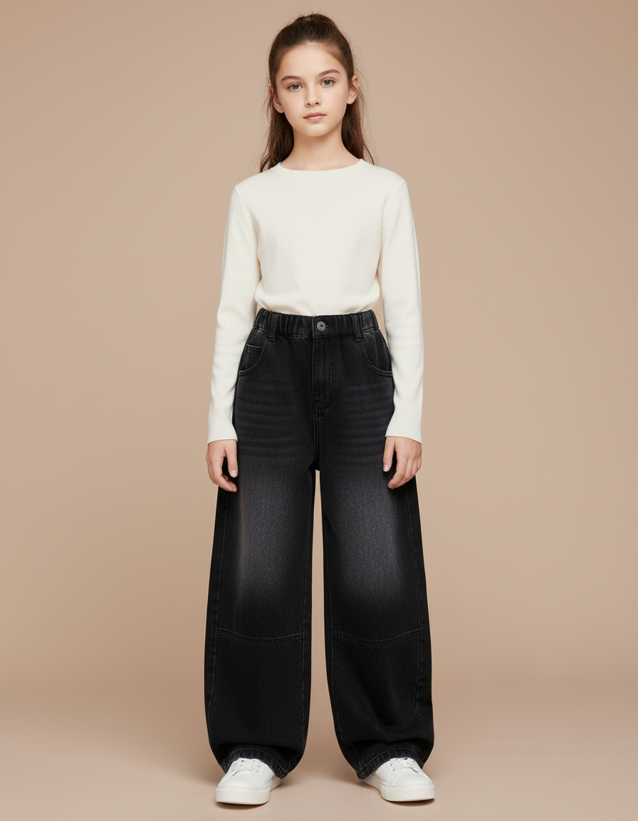 Pantalon Noir Denim Ample Fille Hiver Décontracté - Jean