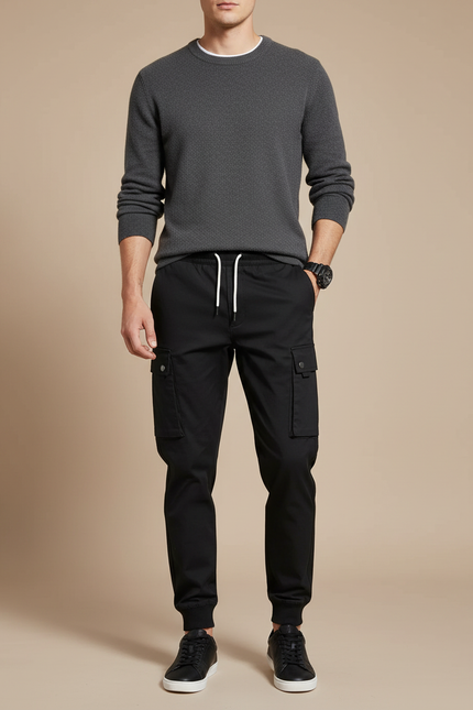 Pantalon Noir Cargo Jogger Cordon Homme Poches - Molleton
