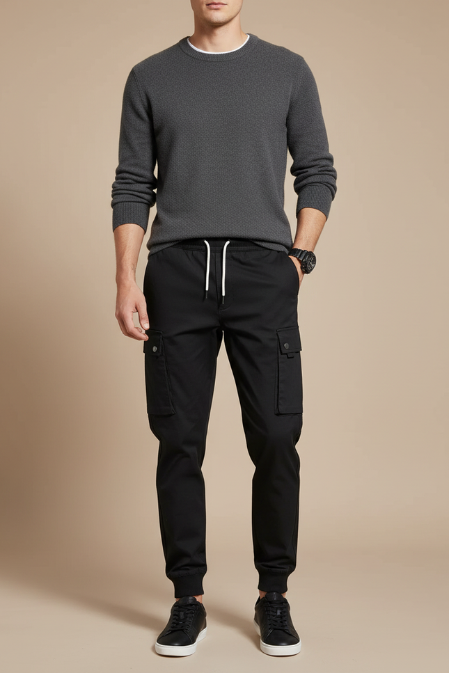 Pantalon Noir Cargo Jogger Cordon Homme Poches - Molleton