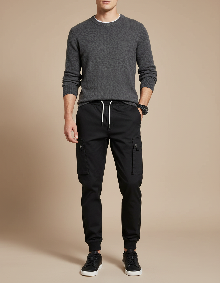 Pantalon Noir Cargo Jogger Cordon Homme Poches - Molleton