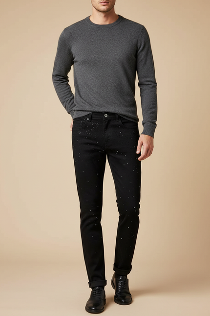 Pantalon Noir Slim Décoré Étoiles Denim Homme - Jean