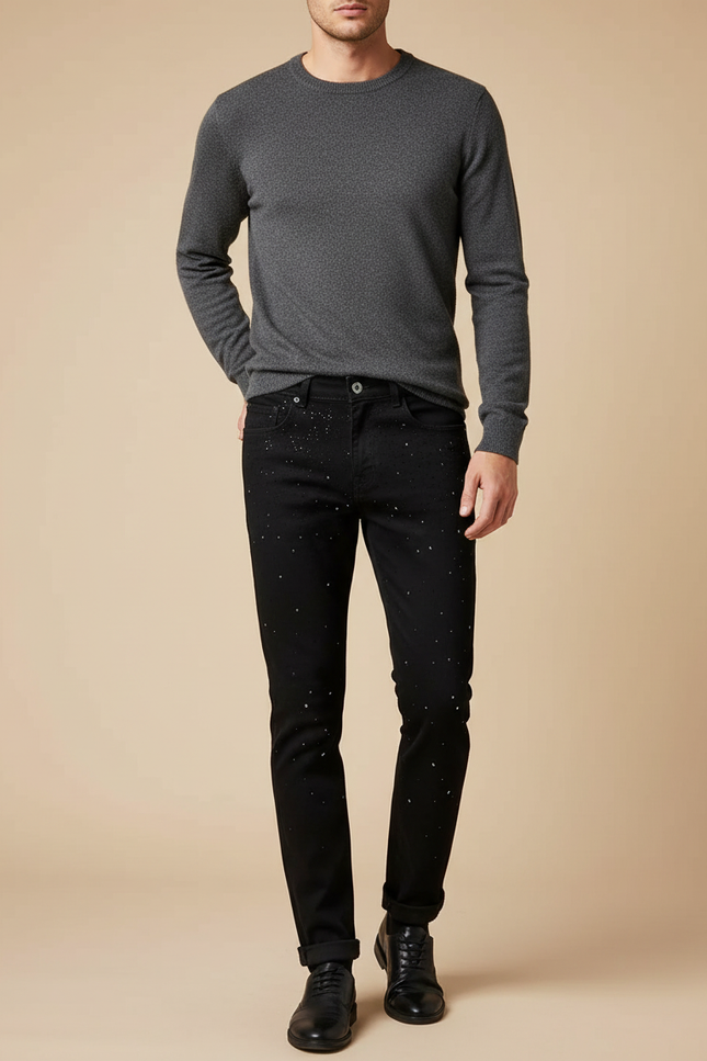 Pantalon Noir Slim Décoré Étoiles Denim Homme - Jean