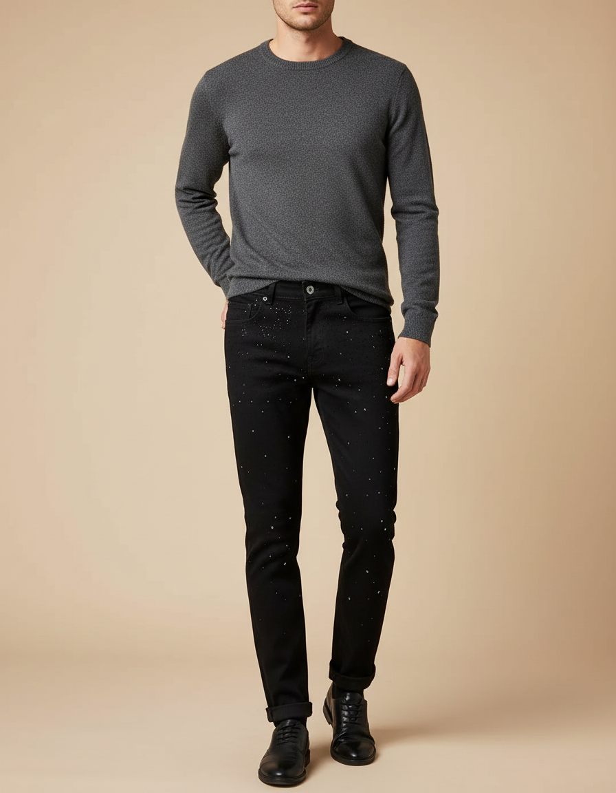 Pantalon Noir Slim Décoré Étoiles Denim Homme - Jean