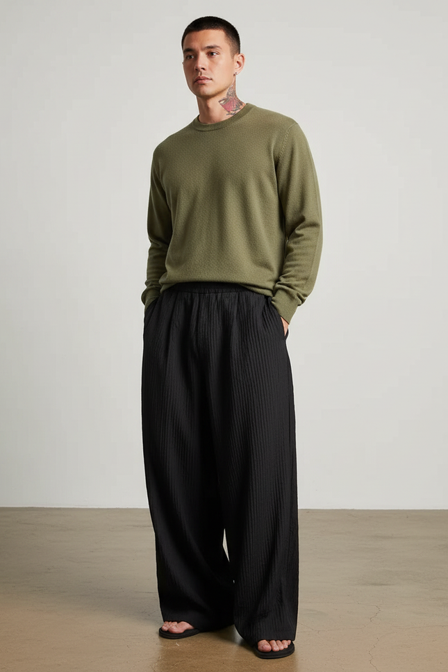 Pantalon Noir Plissé Ample Décontracté Homme Large - Polyester