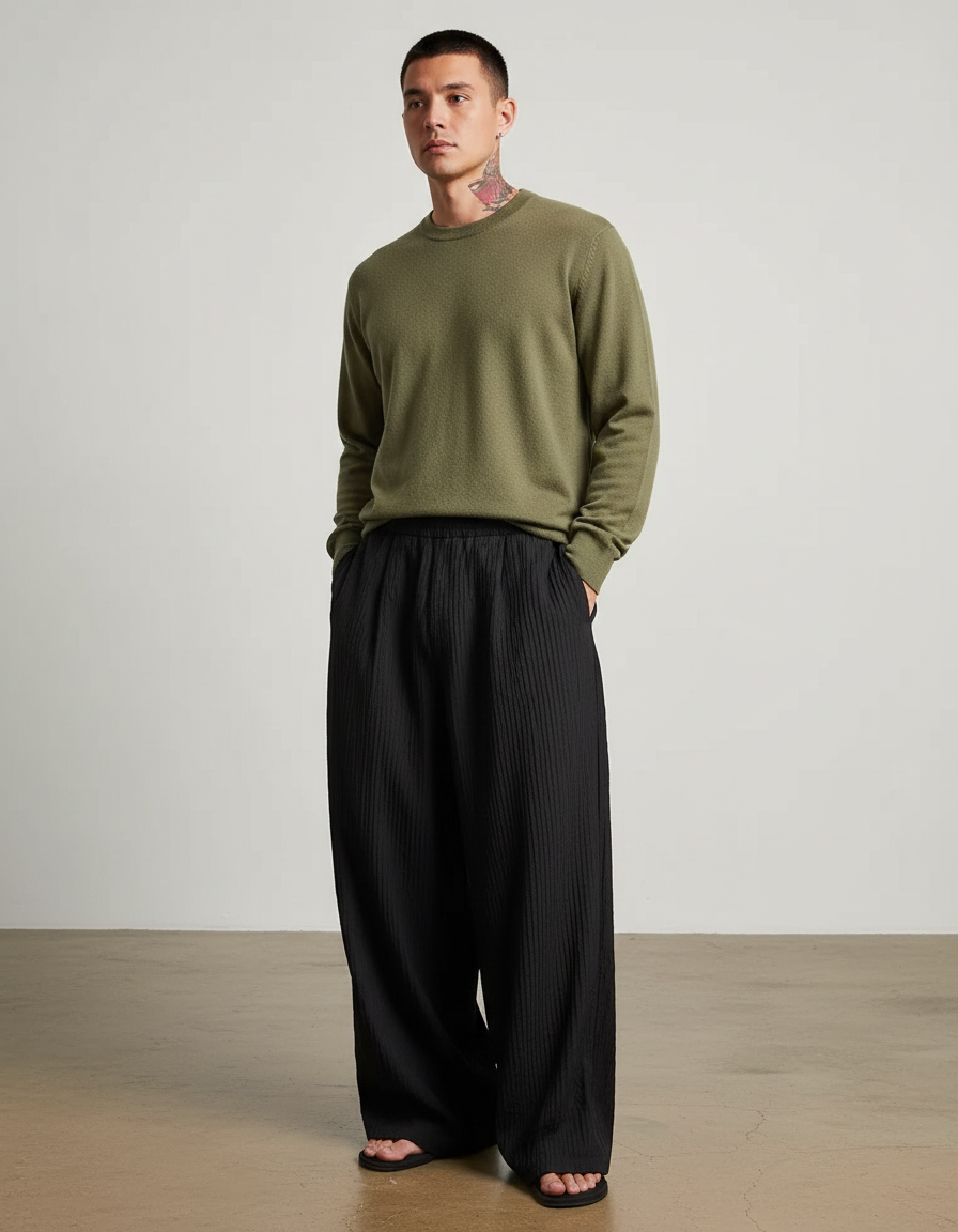 Pantalon Noir Plissé Ample Décontracté Homme Large - Polyester