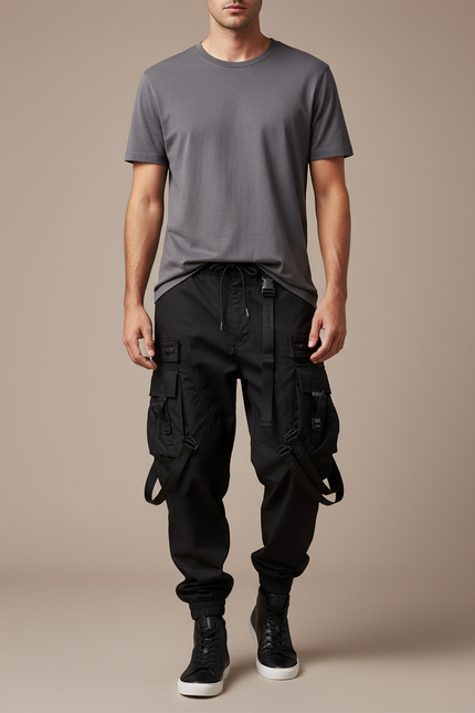 Pantalon Noir Cargo Techwear Multi-Poches Homme - Polyester