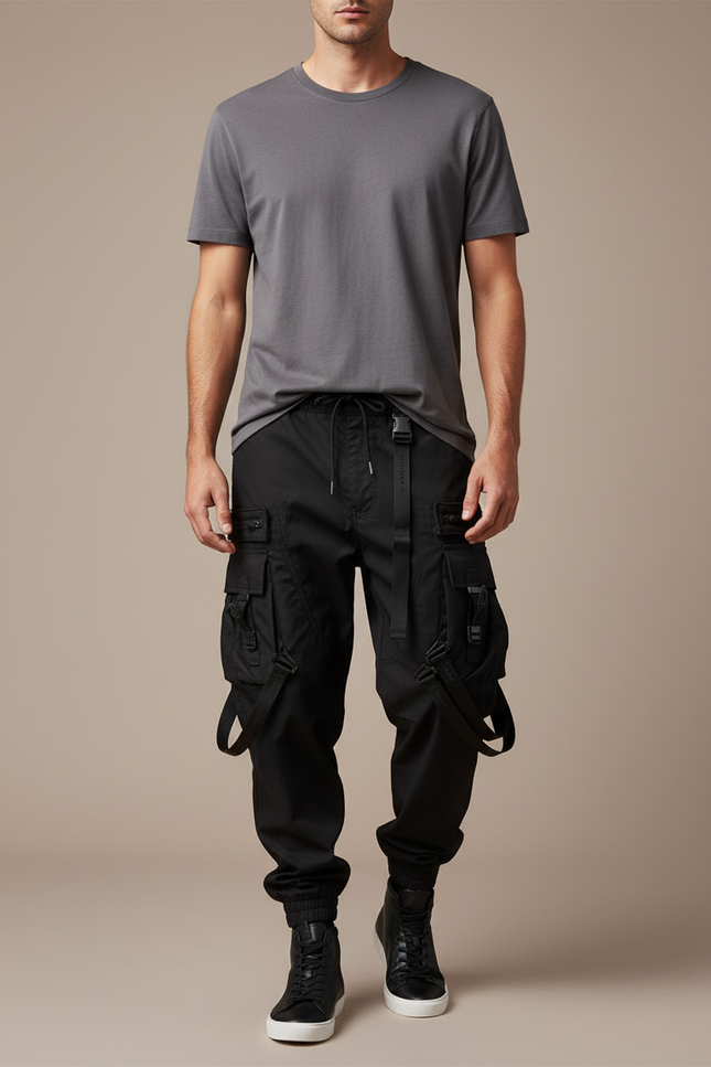 Pantalon Noir Cargo Techwear Multi-Poches Homme - Polyester