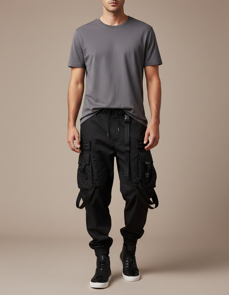 Pantalon Noir Cargo Techwear Multi-Poches Homme - Polyester
