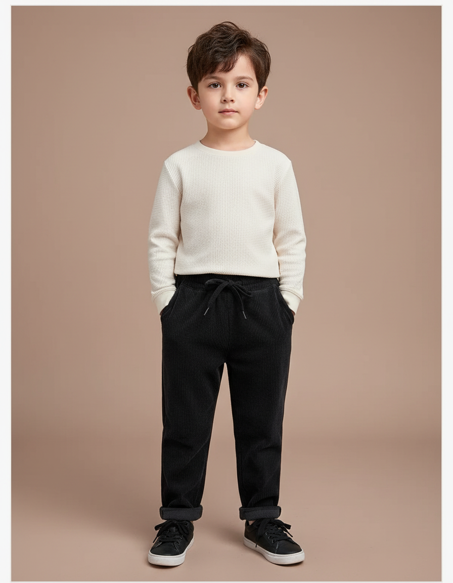Pantalon Noir Côtelé Décontracté Enfant Chaud - Cordé