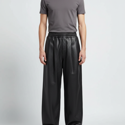 Pantalon Noir Cuir Ample Plissé Streetwear Homme