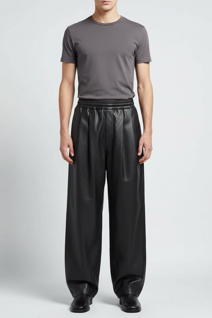 Pantalon Noir Cuir Ample Plissé Streetwear Homme