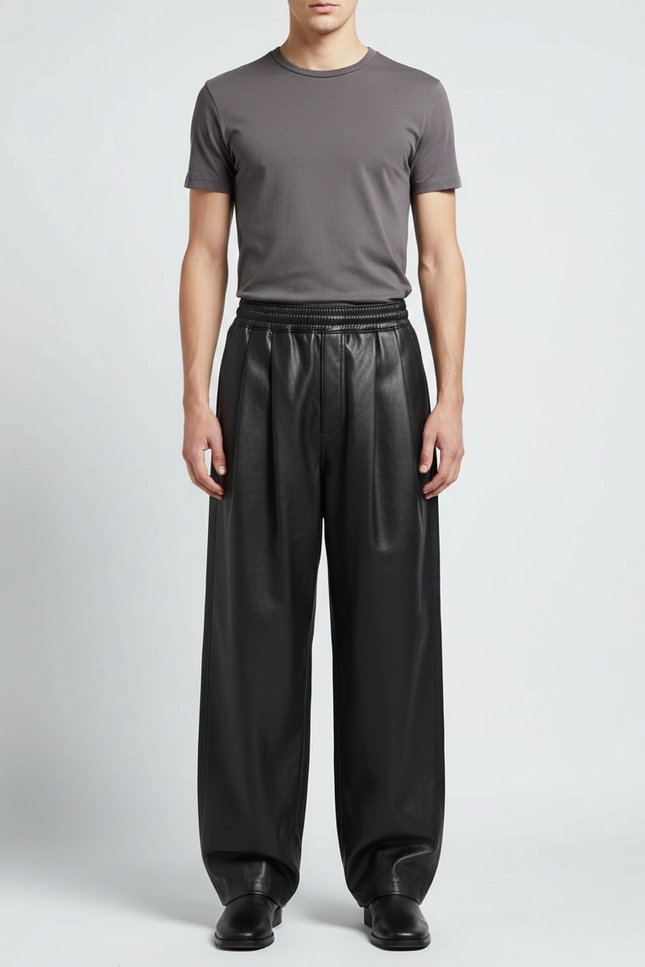 Pantalon Noir Cuir Ample Plissé Streetwear Homme