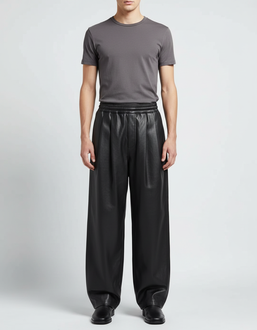 Pantalon Noir Cuir Ample Plissé Streetwear Homme